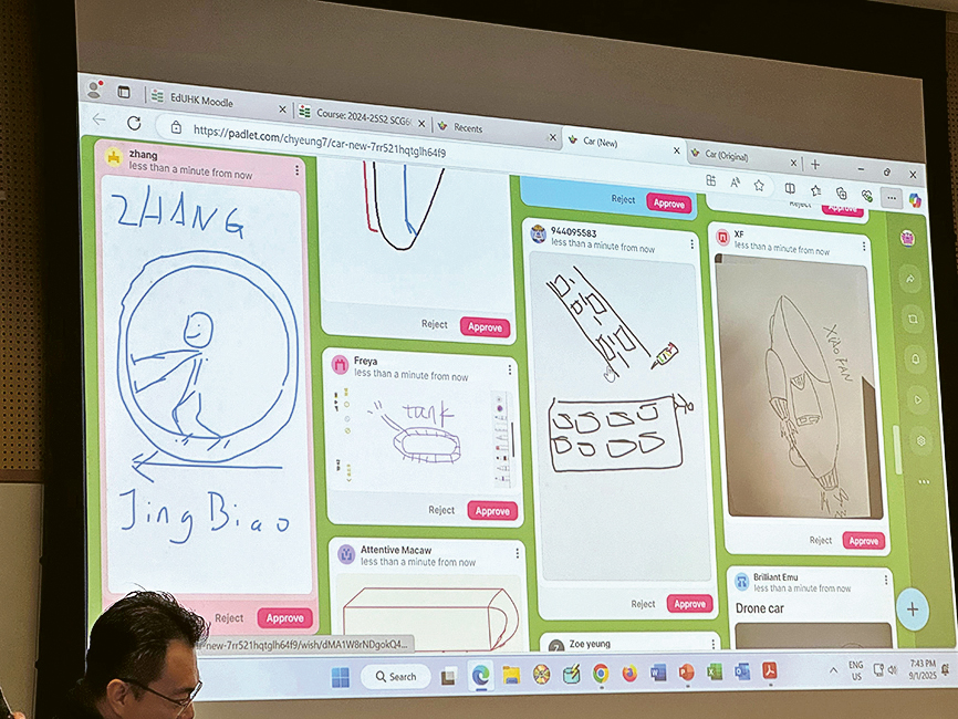 「STEM教育文學碩士」課程着重讓學生動手實踐，培養他們的創意及創新思維及領導STEM教育的校本發展等能力。圖為學生參與創新設計課堂活動。