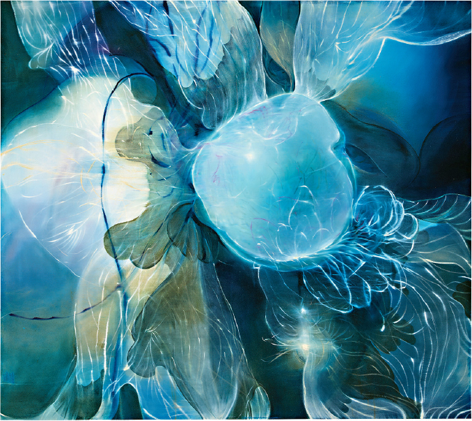 《妾墮玄海》-- 作者：李黑地。創作年份：2021。規格：油彩、畫布，159×179.3厘米。估價： 30萬至50萬港元。成交價：952,500港元。特色：黃瑩欣賞李黑地這名新進畫家。作品畫面以深藍色調展示海底場景，是一幅充滿憂傷與靈性渴望的淒美畫作，靈感來自《聊齋誌異》中聶小倩的悲劇故事。（拍賣行提供）